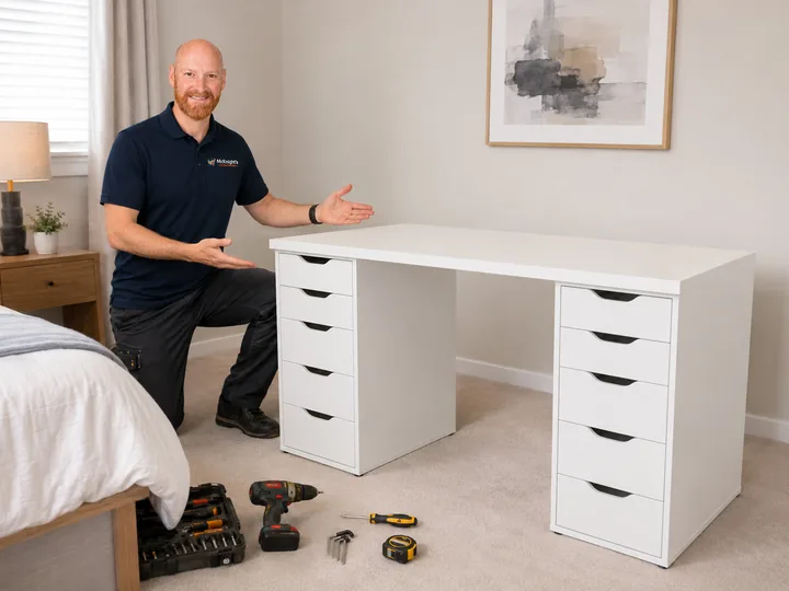Completed white bedroom desk with twin five drawer units assembled by McKnight&rsquo;s Flat Pack Assembly in Ballyclare