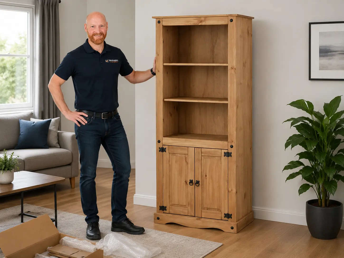 Mark beside an assembled wooden Dunelm-style display unit