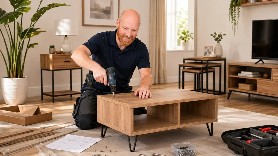 Mark McKnight assembling living room furniture in Ballyclare