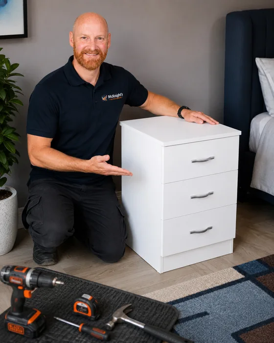 Mark McKnight beside a white chest of drawers assembled by McKnight&rsquo;s Flat Pack Assembly in Ballyclare