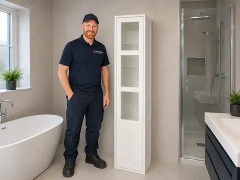Mark beside an assembled tall white bathroom storage cabinet