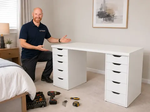 Mark beside a completed white bedroom desk with twin drawer units