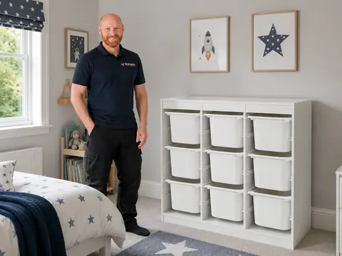 Mark beside an assembled children's toy storage unit