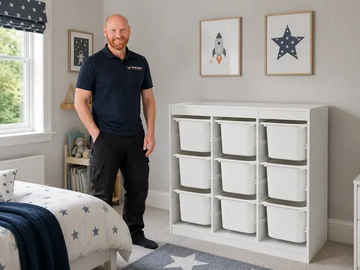 Mark beside an assembled children&rsquo;s toy storage unit in Ballyclare