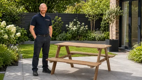 Mark beside an assembled wooden picnic table in a garden
