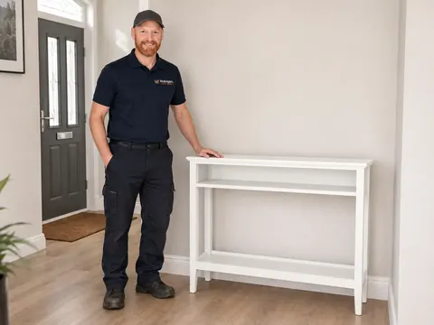 Mark beside an assembled white hallway console table
