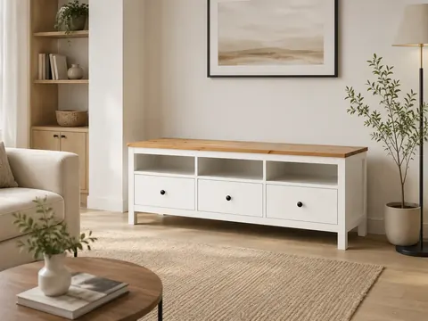 Completed white and wood TV bench in a bright living room
