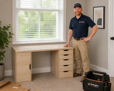 Mark beside an assembled home office desk with drawers and a cupboard